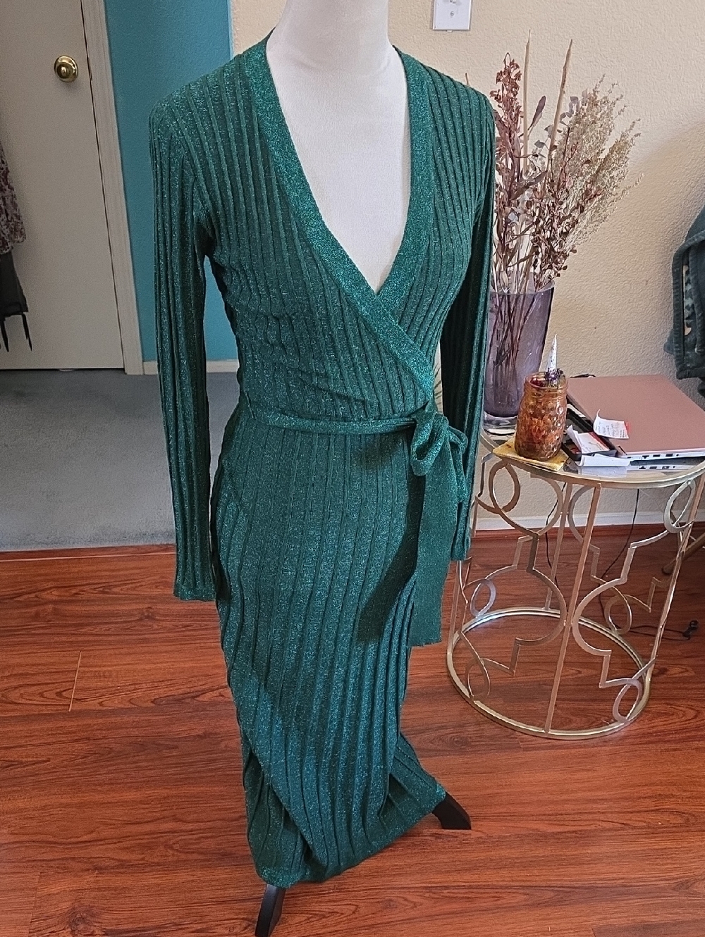Soho Emerald Green Ribbed Wrap Midi Dress